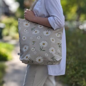 Sac fourre tout motifs fleurs imprimés marguerite confectionné au Québec, sacs réutilisables, Sac en vrac.